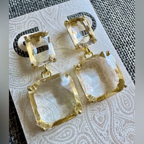 New Clear Faceted Crystals & Gold Tone Sophisticated Statement Earrings - 1.40” - Picture 4 of 7